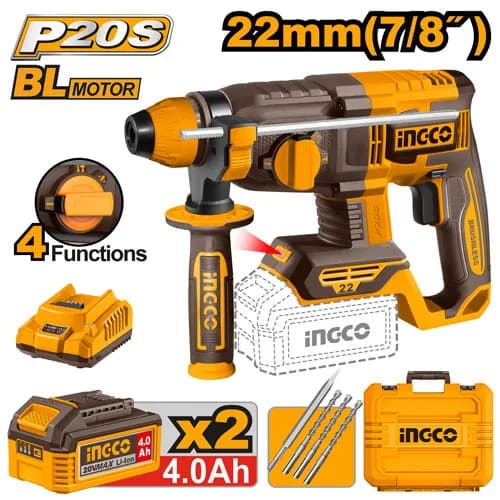 ROTOMARTILLO 7/8" BL 20V 2,0J + 2 BAT 4.0AH + CARG + MALETA INGCO