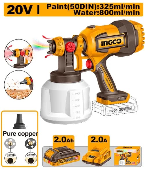 PISTOLA ROCIADORA INALAMBRICA 800ML/MIN 20V + 1 BAT 2.0AH + CARG INGCO
