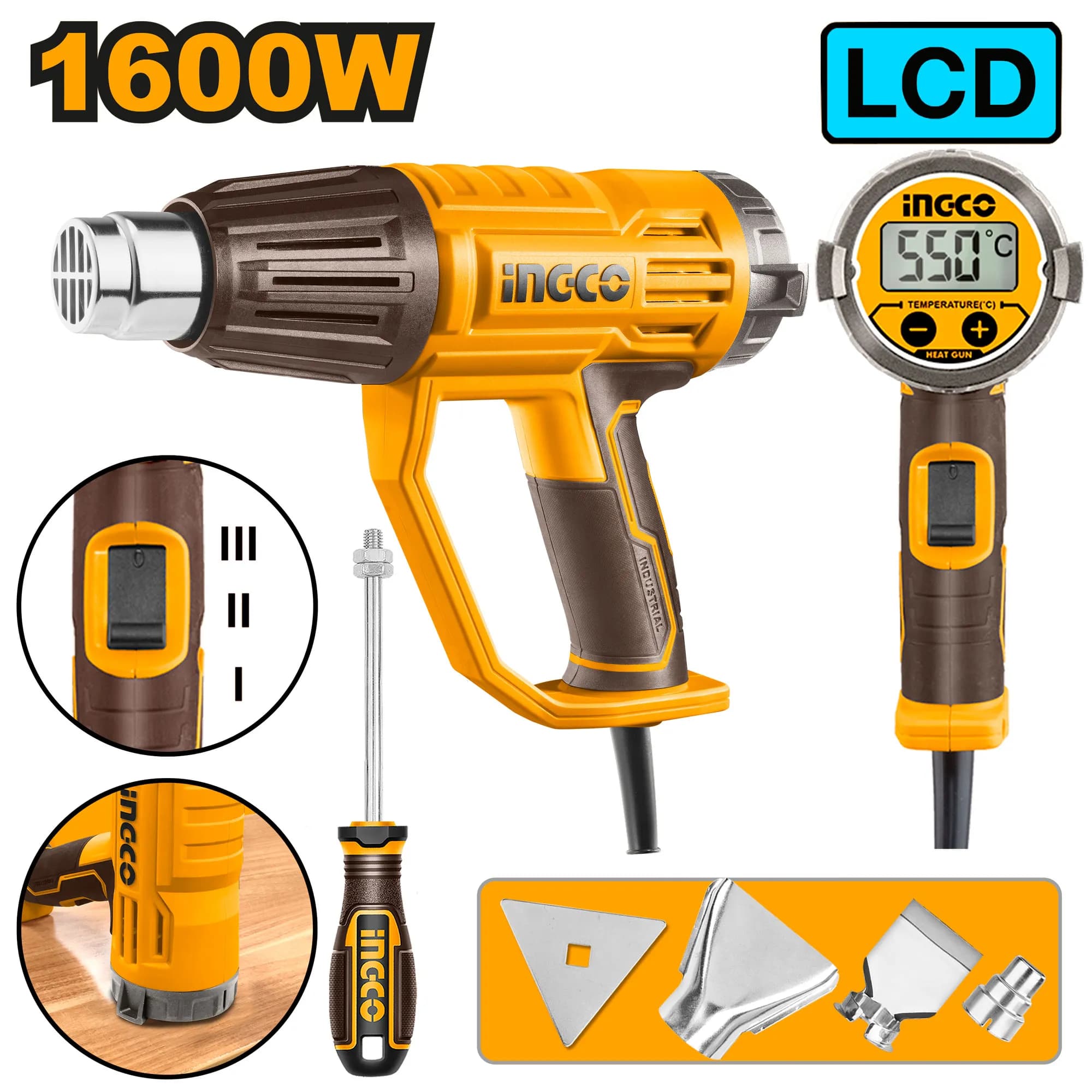 PISTOLA DE CALOR 1600W LCD 50/50-600/50-600°C INGCO