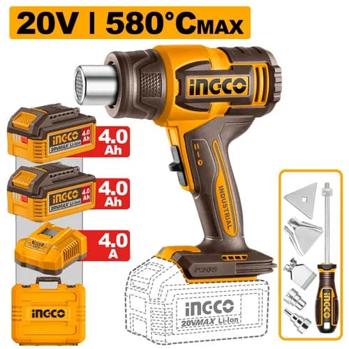 PISTOLA DE CALOR INALAMBRICA 20V 300/580 °C + 2 BAT 4.0AH + CARG + MALETA INGCO