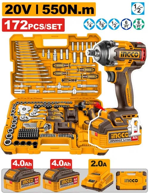 JUEGO DE HERRAMIENTAS 172 PIEZAS CON LLAVE DE IMPACTO 550N.M INGCO