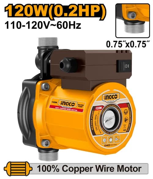 BOMBA DE AGUA ELEVADOR DE PRESIÓN 120W 0.2HP INGCO