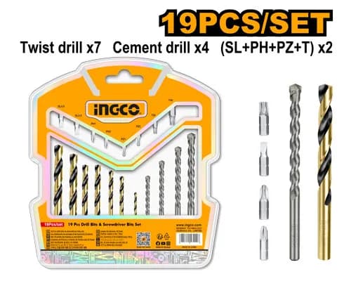 JUEGO DE BROCAS 19PCS HSS Y CONCRE + 8PTAS DEST INGCO
