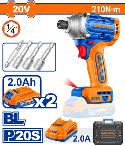 ATORNILLADOR DE IMPACTO 1/4" BL 20V 210N.M + 2 BAT 2.0AH + CARG + MALETA WADFOW