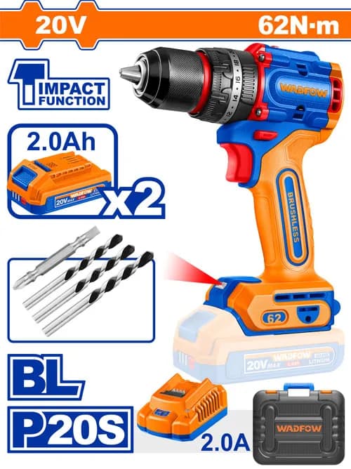 TALADRO DE IMPACTO 1/2" 20V 62N.M + 2 BAT 2.0AH + CARG + MALETA WADFOW