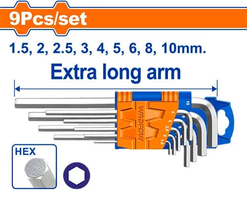 JUEGO DE LLAVES HEXAGONALES BRAZO EXTRA LARGO DE 9 PIEZAS WADFOW