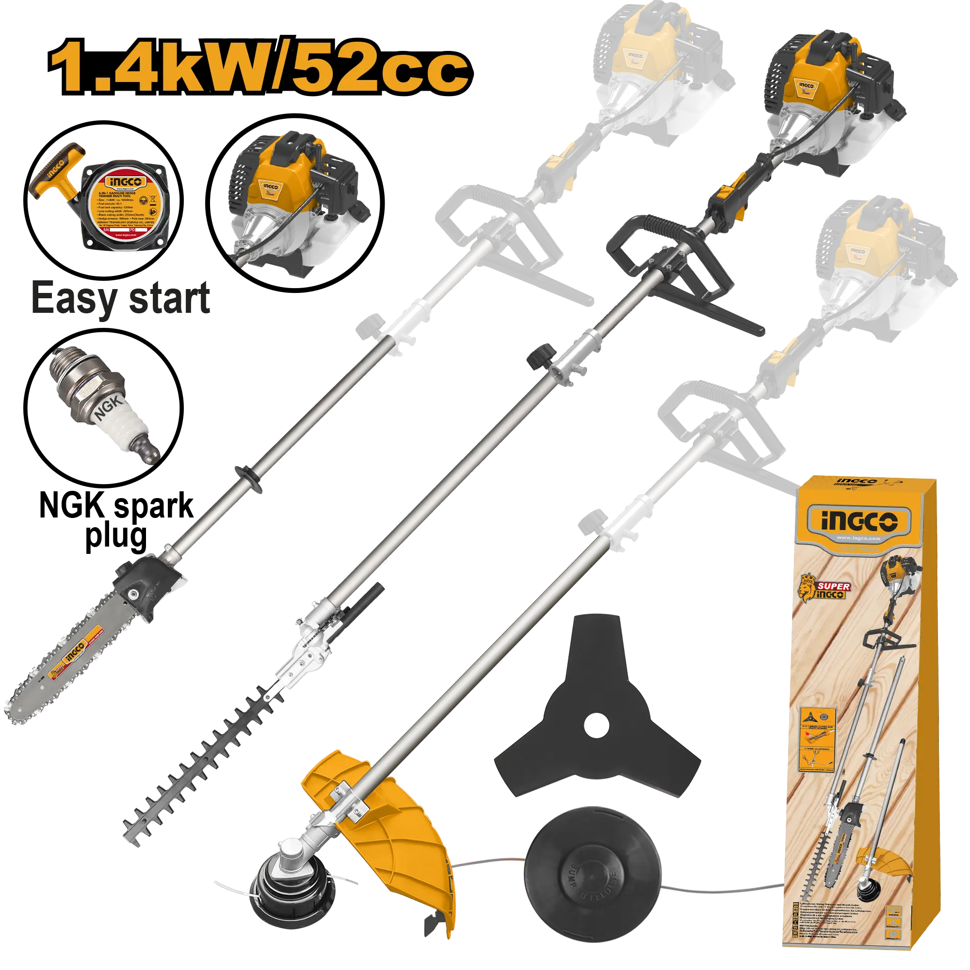 CORTADORA DE HIERBA MULTIFUNCION A GASOLINA 52CC 4 EN 1 INGCO