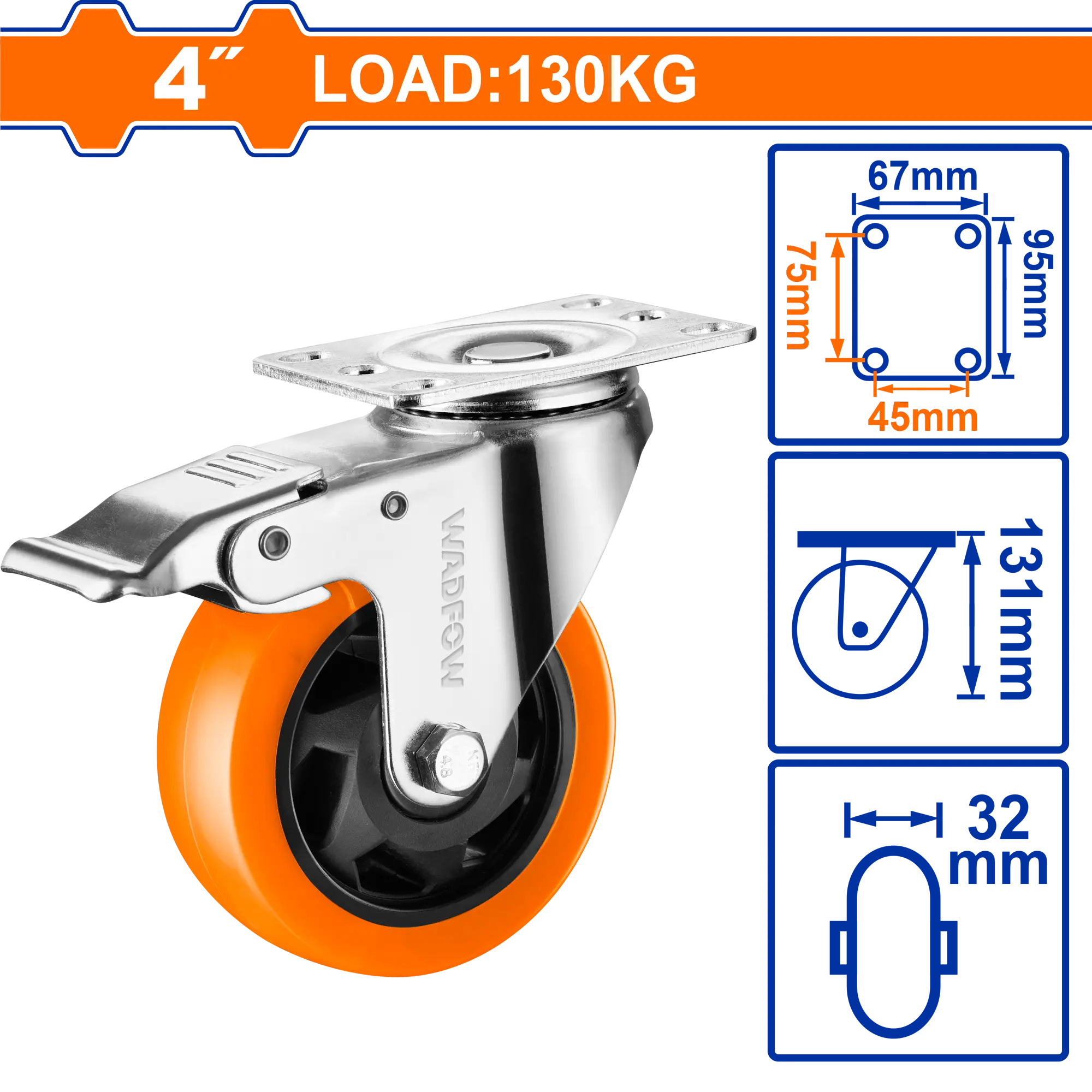 GARRUCHA GIRATORIA NARANJA CON FRENO 4" 130KG WADFOW