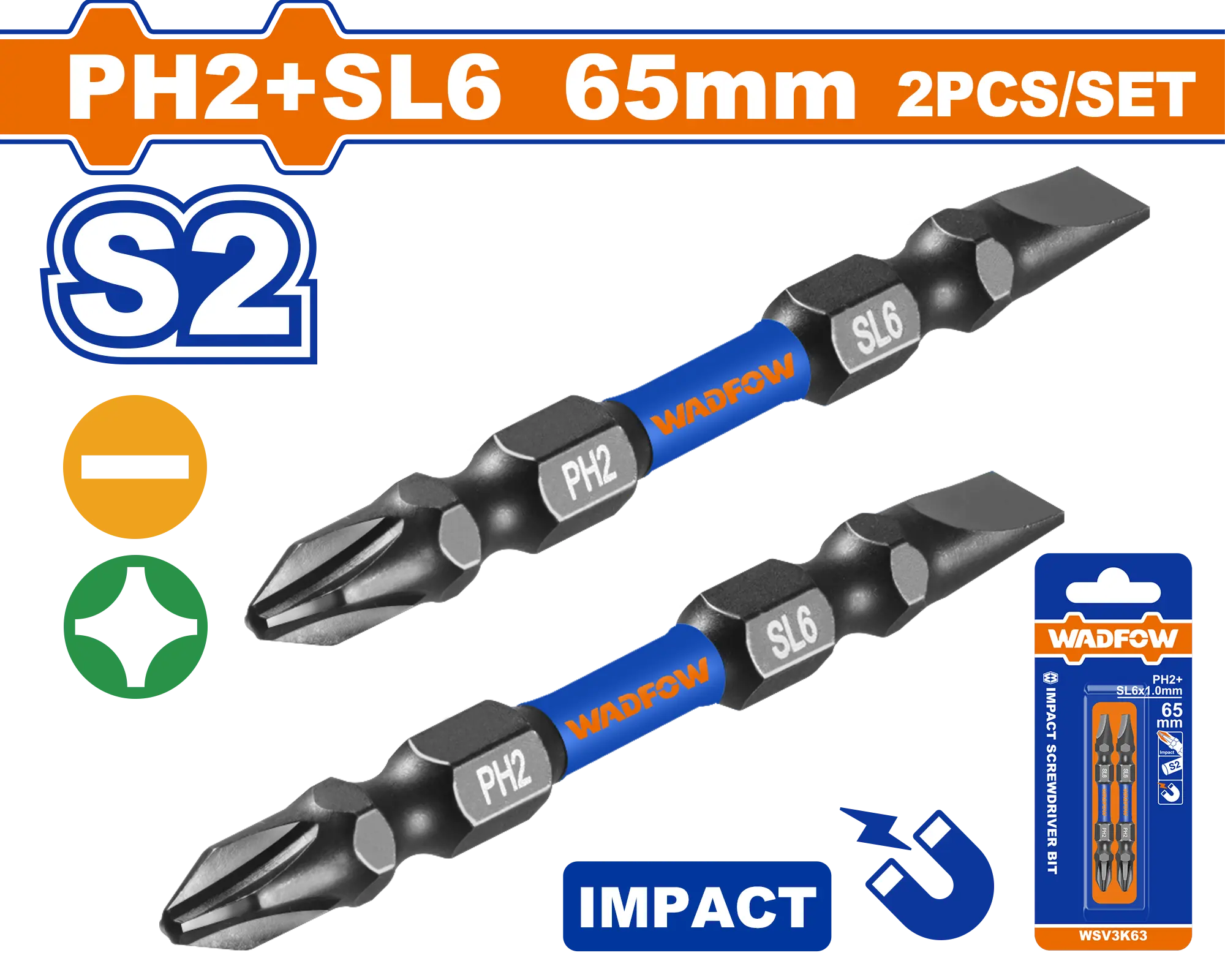 PUNTAS DE IMPACTO P/ DESTORNILLADOR MIXTAS PH2 CORTAS SET 2 PCS