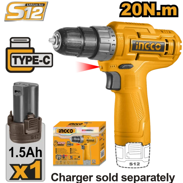 TALADRO INALAMBRICO 3/8"" 12V 20N.M + 1 BAT 1.5AH