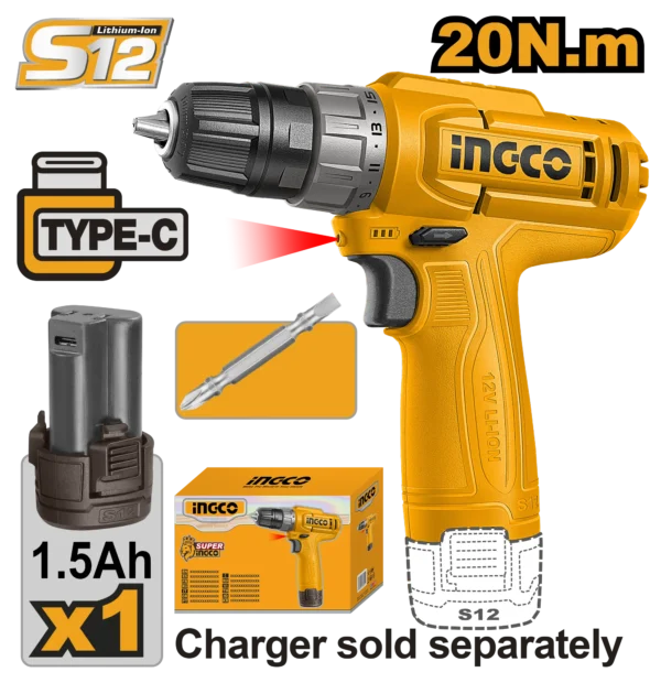 TALADRO INALAMBRICO 3/8" 12V 20N.M + 1 BAT 1.5AH