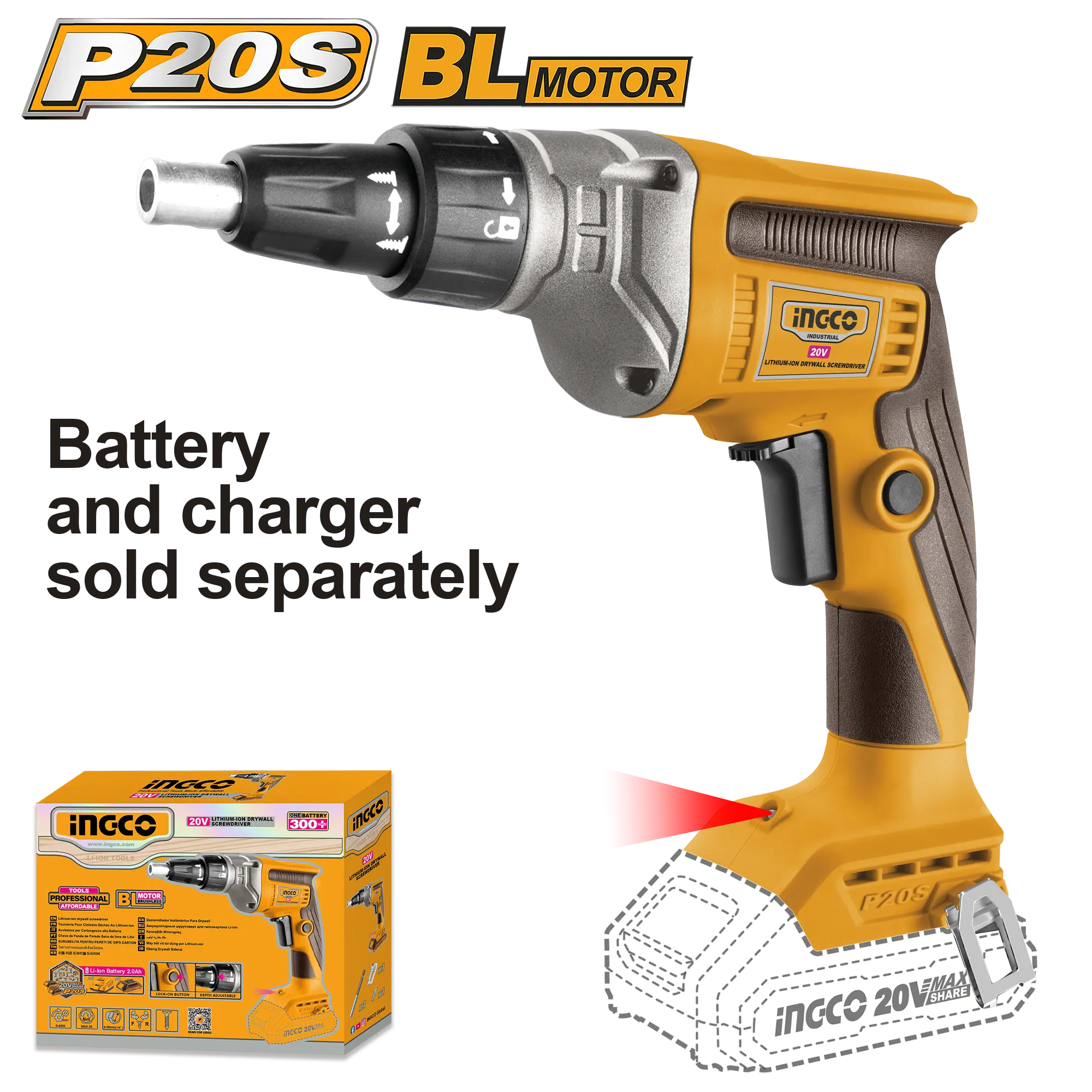 ATORNILLADOR INALAMBRICO PARA YESO 1/4"" HEX BL 20V 30N.M INGCO