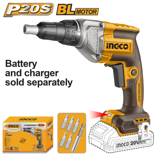 ATORNILLADOR INALAMBRICO PARA YESO 1/4" HEX  BL 20V 4200RPM INGCO