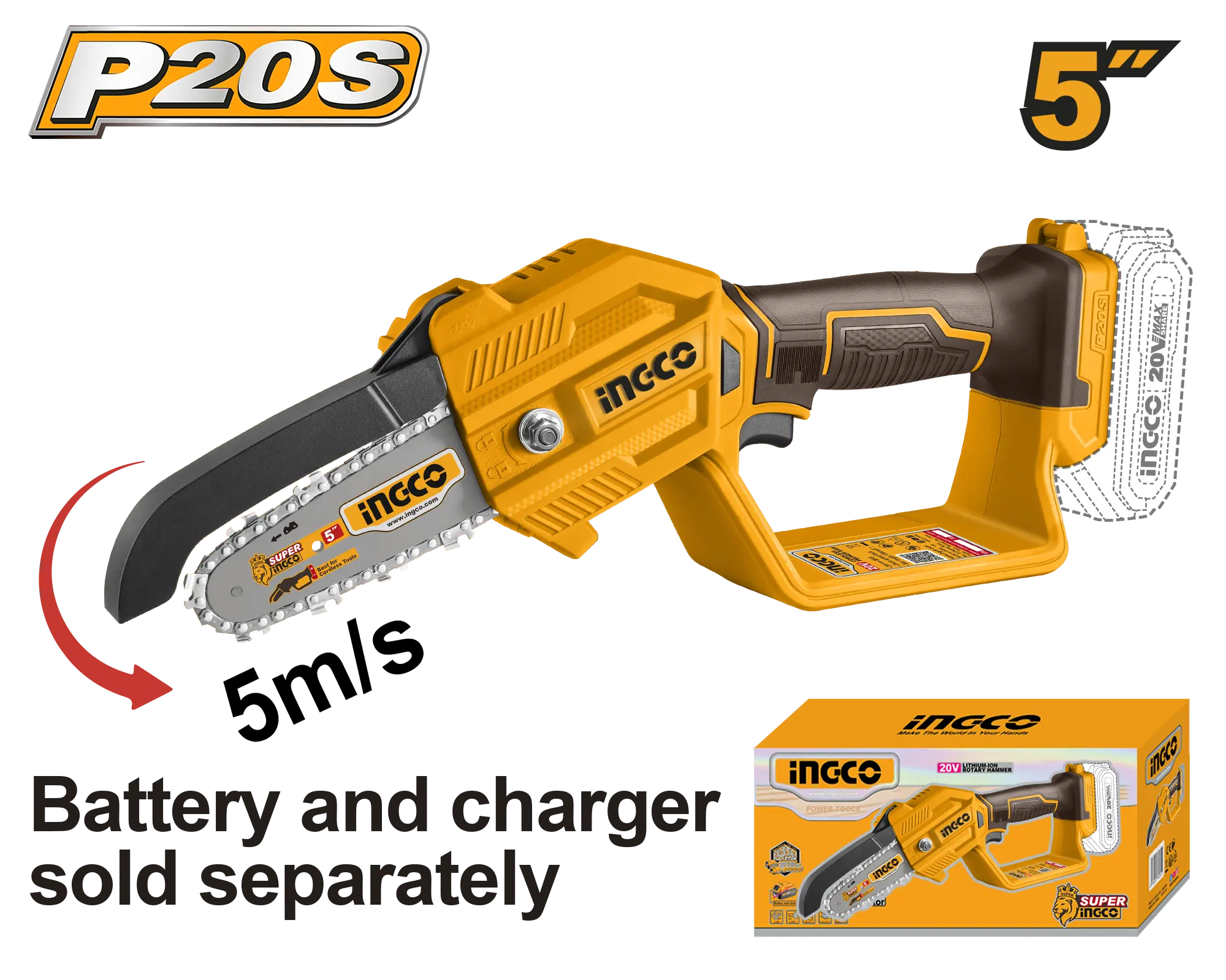 MOTOSIERRA DE IONES DE LITIO 5"" 20V INGCO