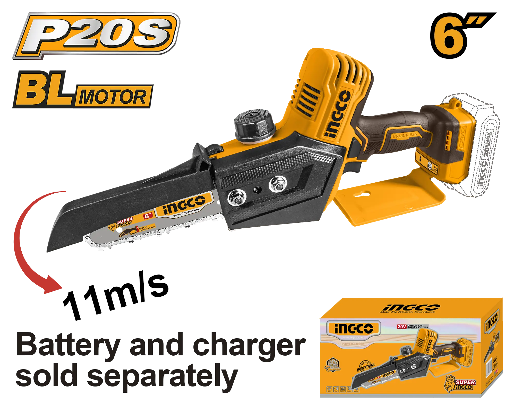 MOTOSIERRA DE IONES DE LITIO 6"" BL 20V INGCO