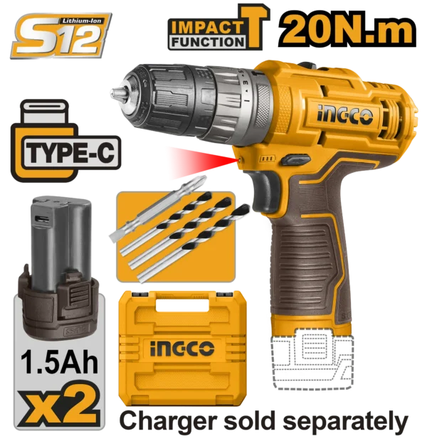TALADRO DE IMPACTO 3/8"" 12V 20N.M + 2 BAT 1.5AH + MALETA