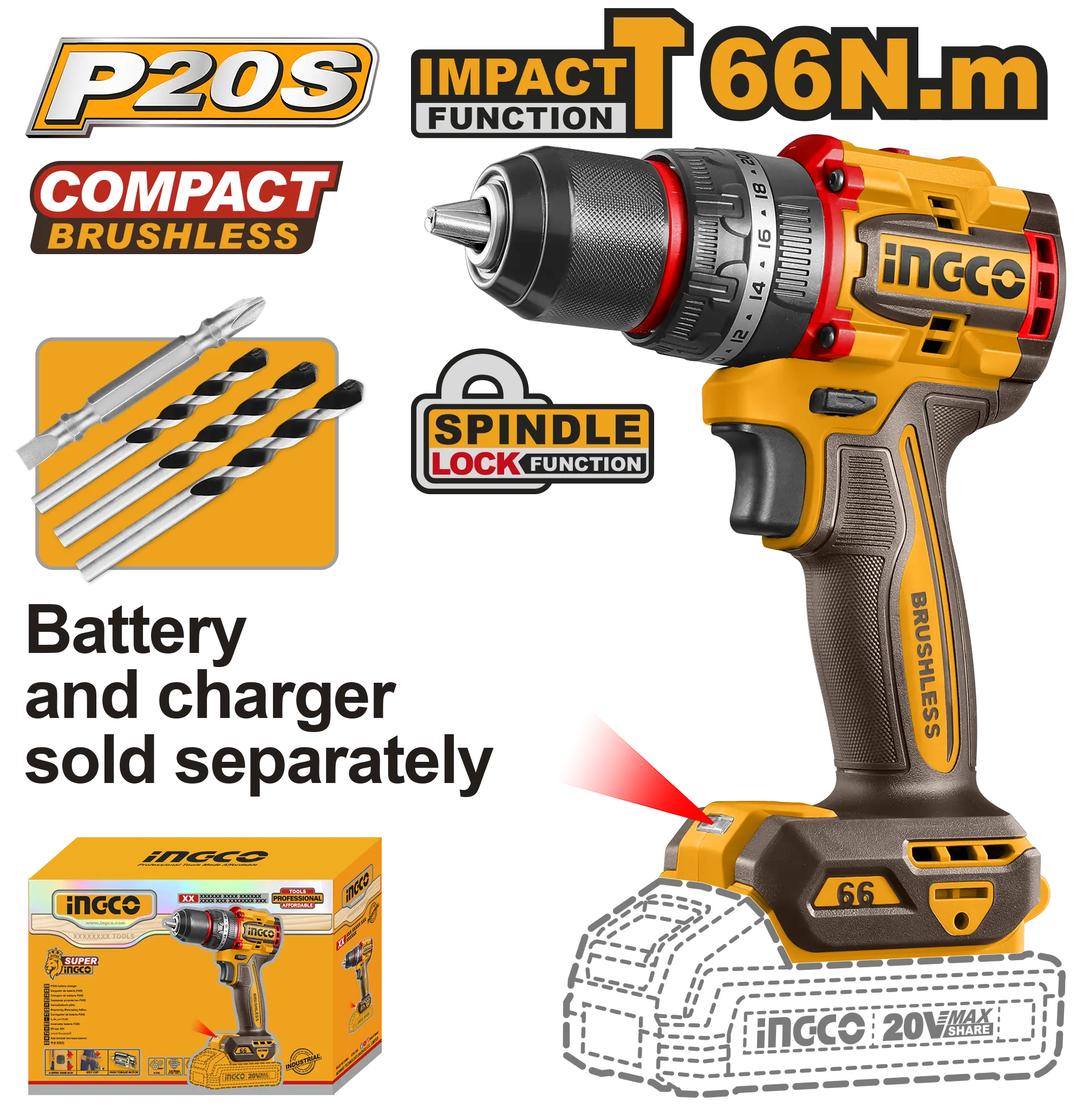 TALADRO DE IMPACTO 1/2'' 20V 66N.M INGCO