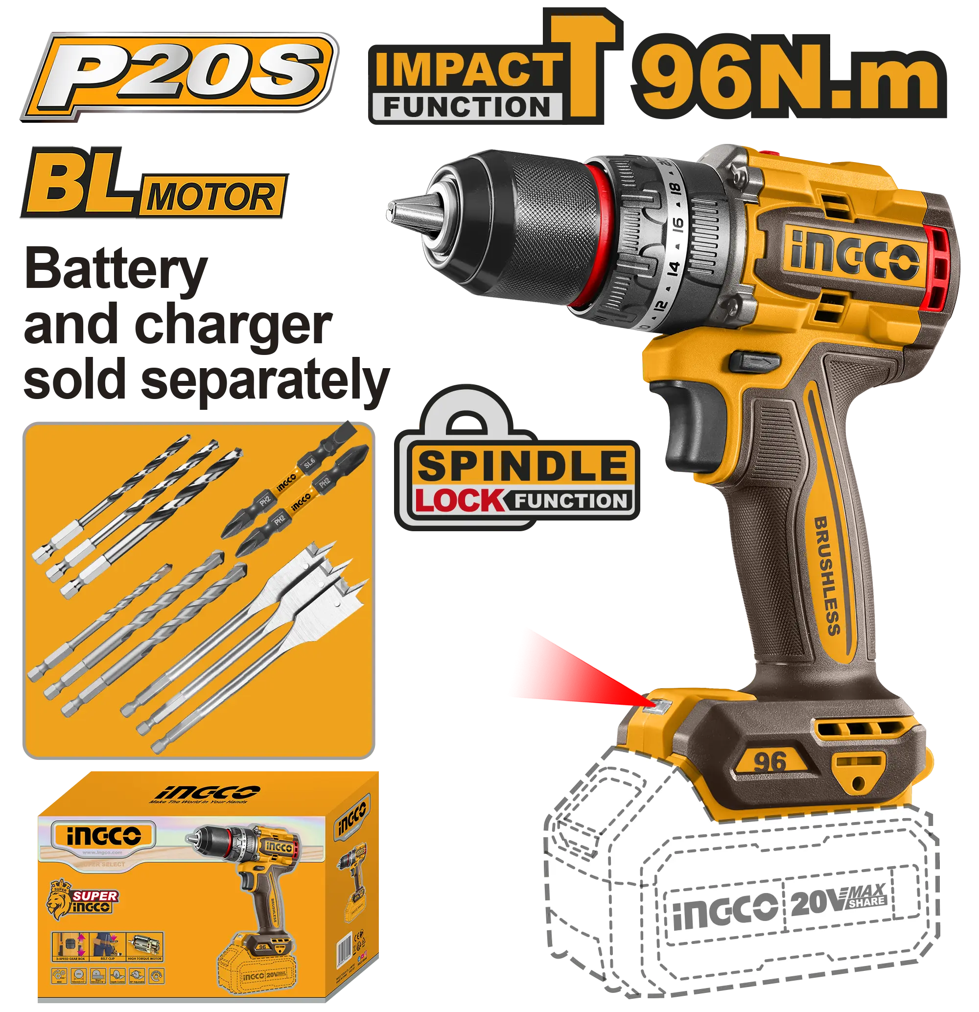 TALADRO DE IMPACTO 1/2'' 20V 96N.M INGCO