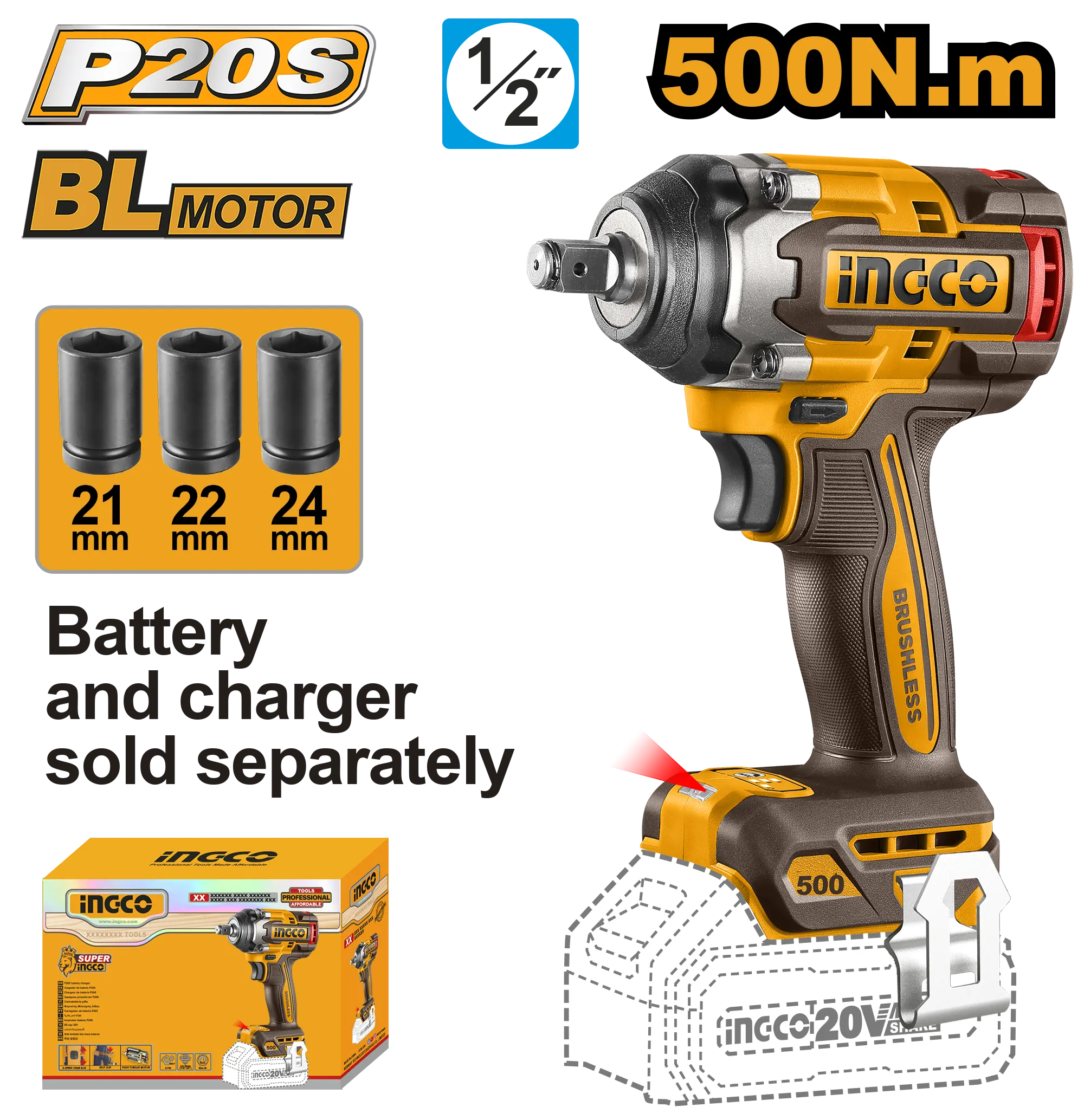 LLAVE DE IMPACTO INALAMBRICA 1/2"" BL 20V 500N.M INGCO