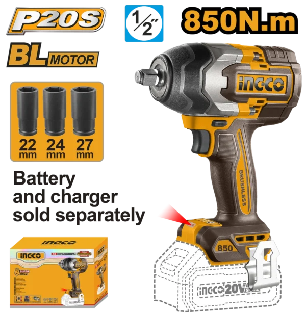 LLAVE DE IMPACTO INALAMBRICA 1/2"" BL 20V 850N.M