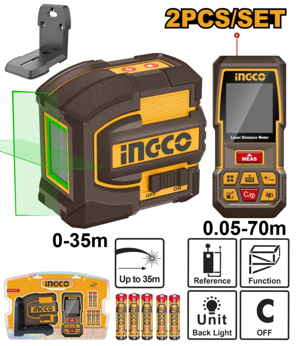 JUEGO COMBINADO DE 2 PIEZAS LASER DE LINEA AUTONIVELANTE LUZ VERDE 2 LINEAS 35M + MEDIDOR DE DISTANCIA LASER 70M