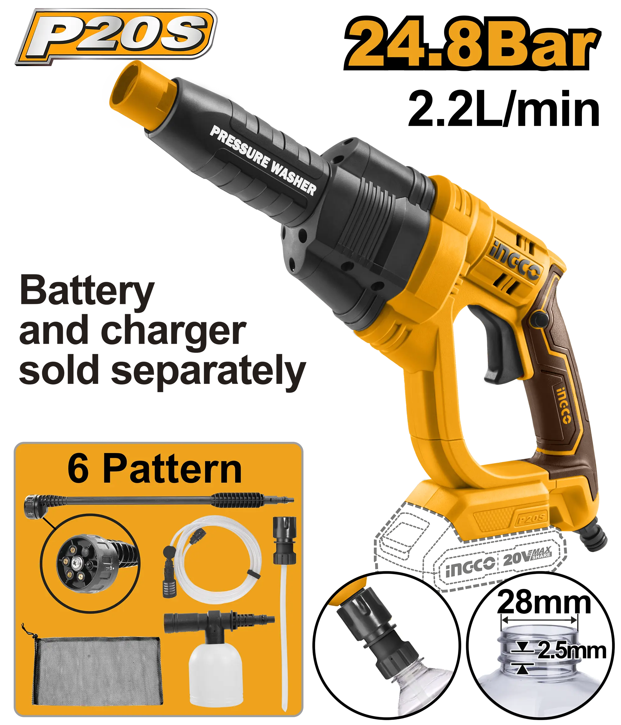 HIDROLAVADORA A PRESIÓN INALAMBRICA 2,2L/MIN 20V INGCO