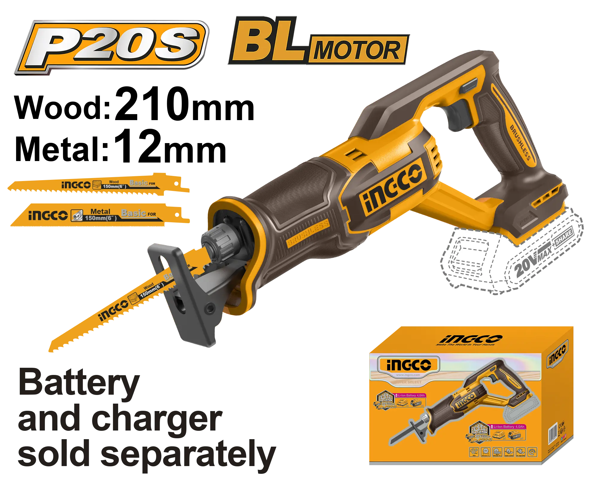 SIERRA DE SABLE INALAMBRICA 12/210MM 20V 2800RPM INGCO