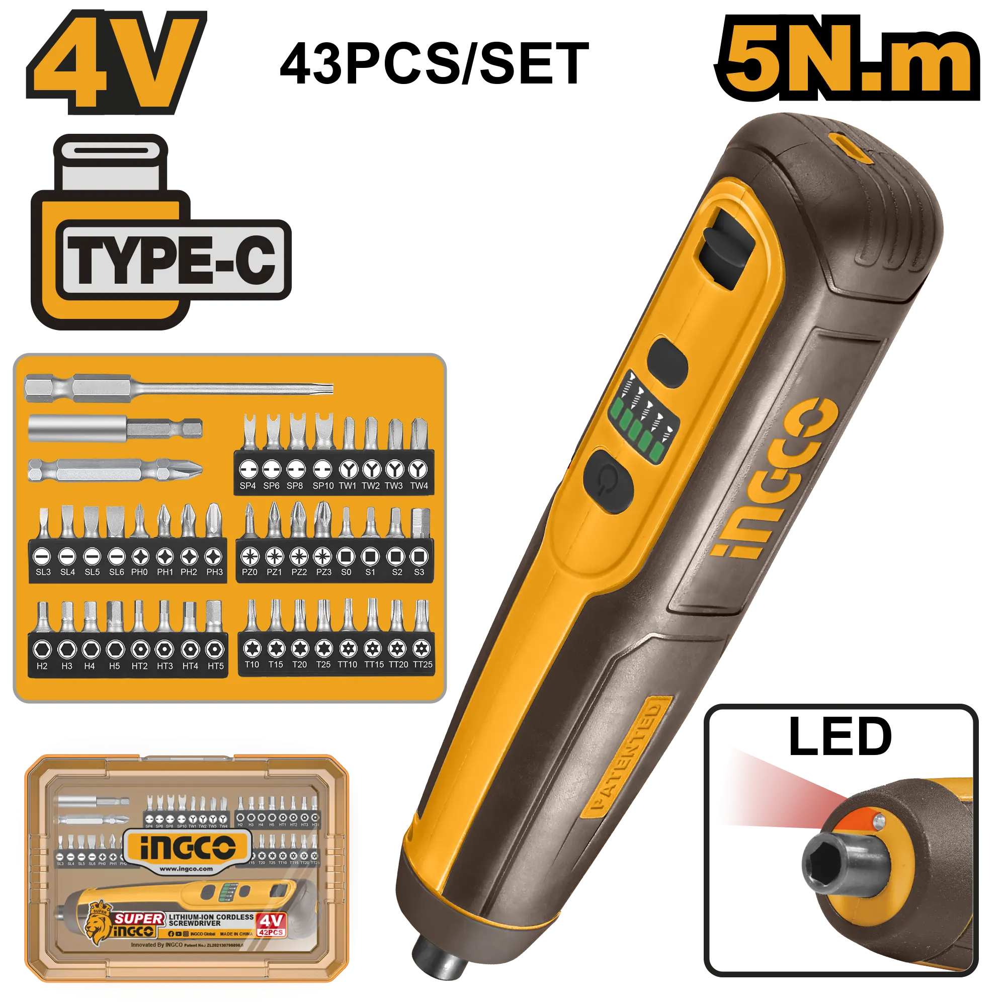 DESTORNILLADOR INALAMBRICO 1/4"" 4V 5N.M INGCO.