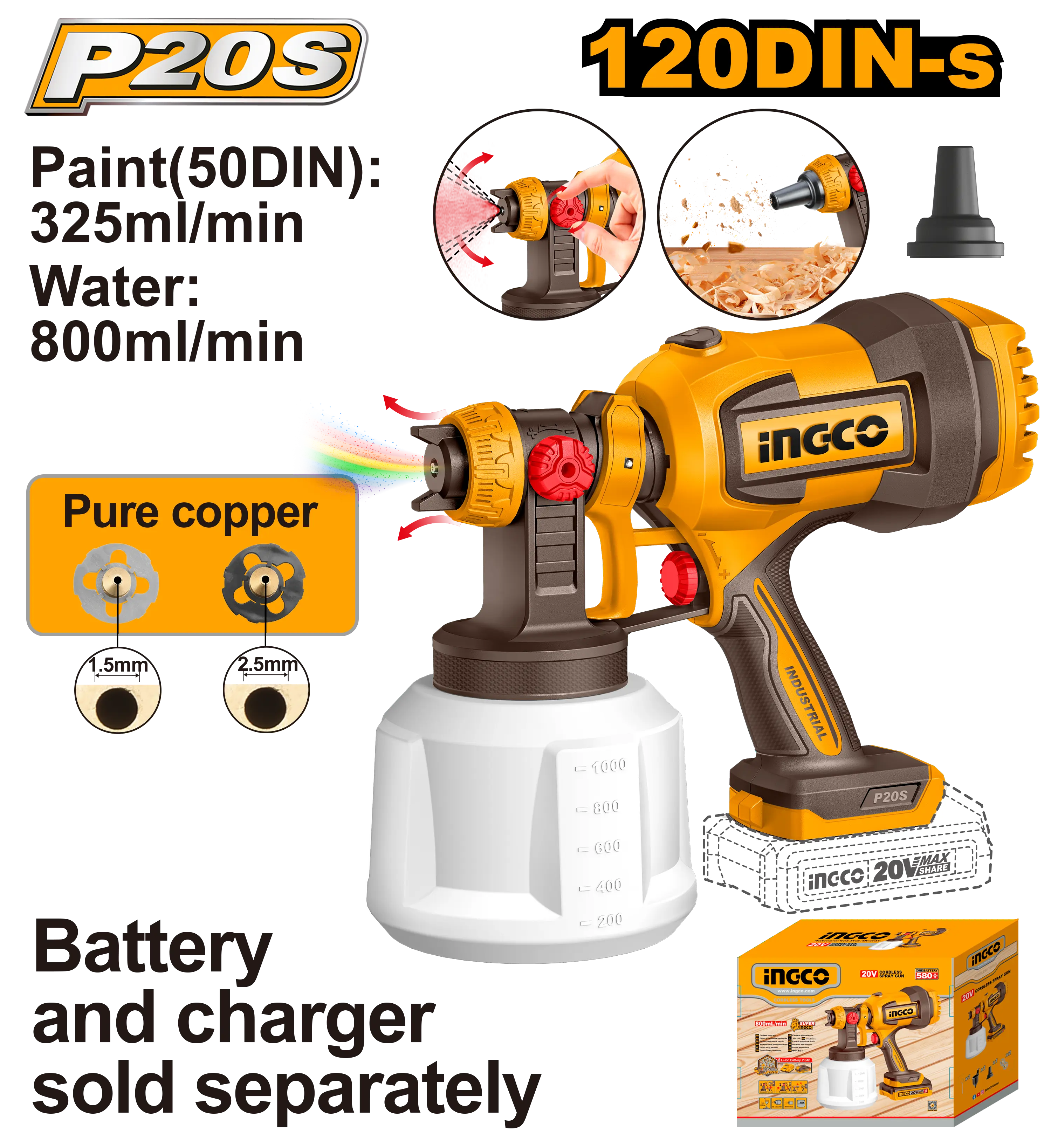 PISTOLA ROCIADORA INALAMBRICA 800ML/MIN 20V INGCO.