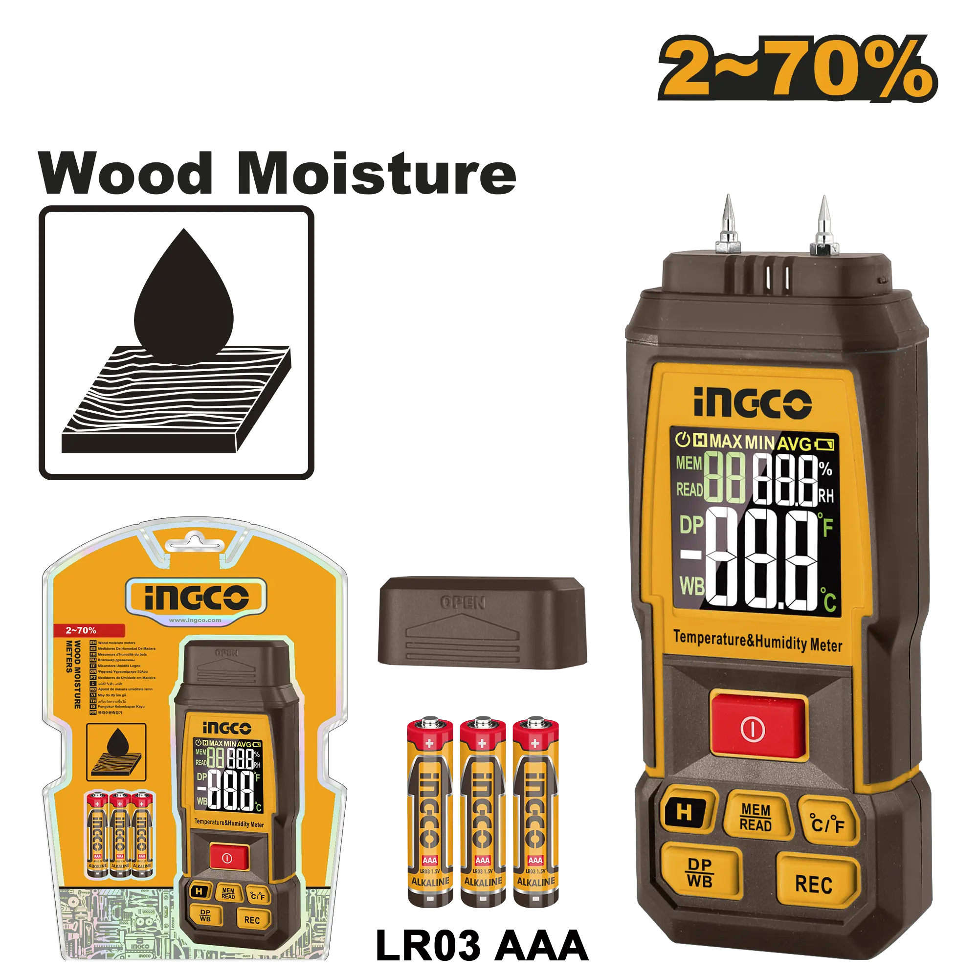 MEDIDOR DE HUMEDAD EN MADERA DIGITAL 2-70% INGCO