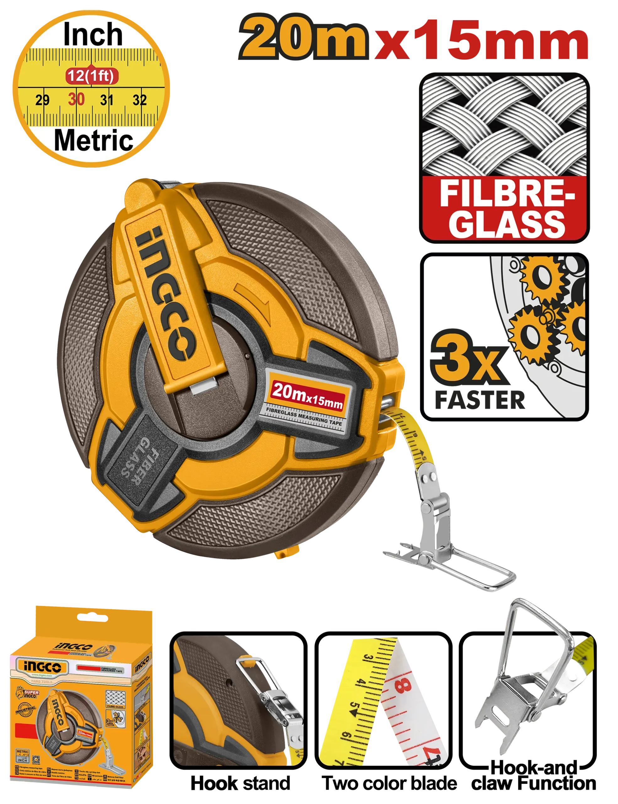CINTA METRICA 20M FIBRA VIDRIO INDUSTRIAL INGCO
