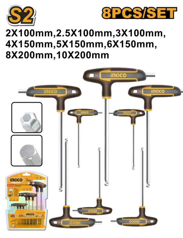 JUEGO DE LLAVES HEXAGONALES CON PUNTA DE BOLA CON MANGO EN T DE 8 PIEZAS
