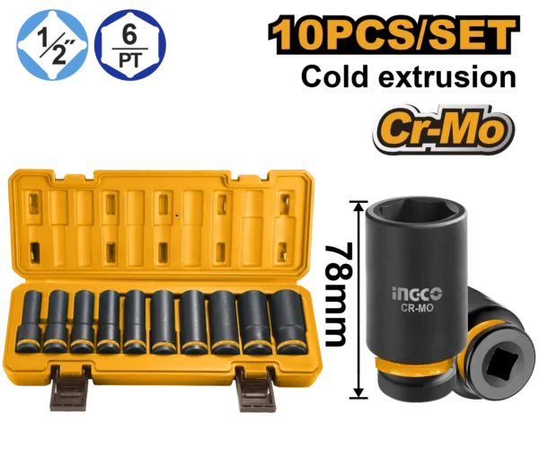 JUEGO DE DADOS DE IMPACTO 1/2" - 10-12-13-14-15-17-19-21-22-24 (10 PCS)