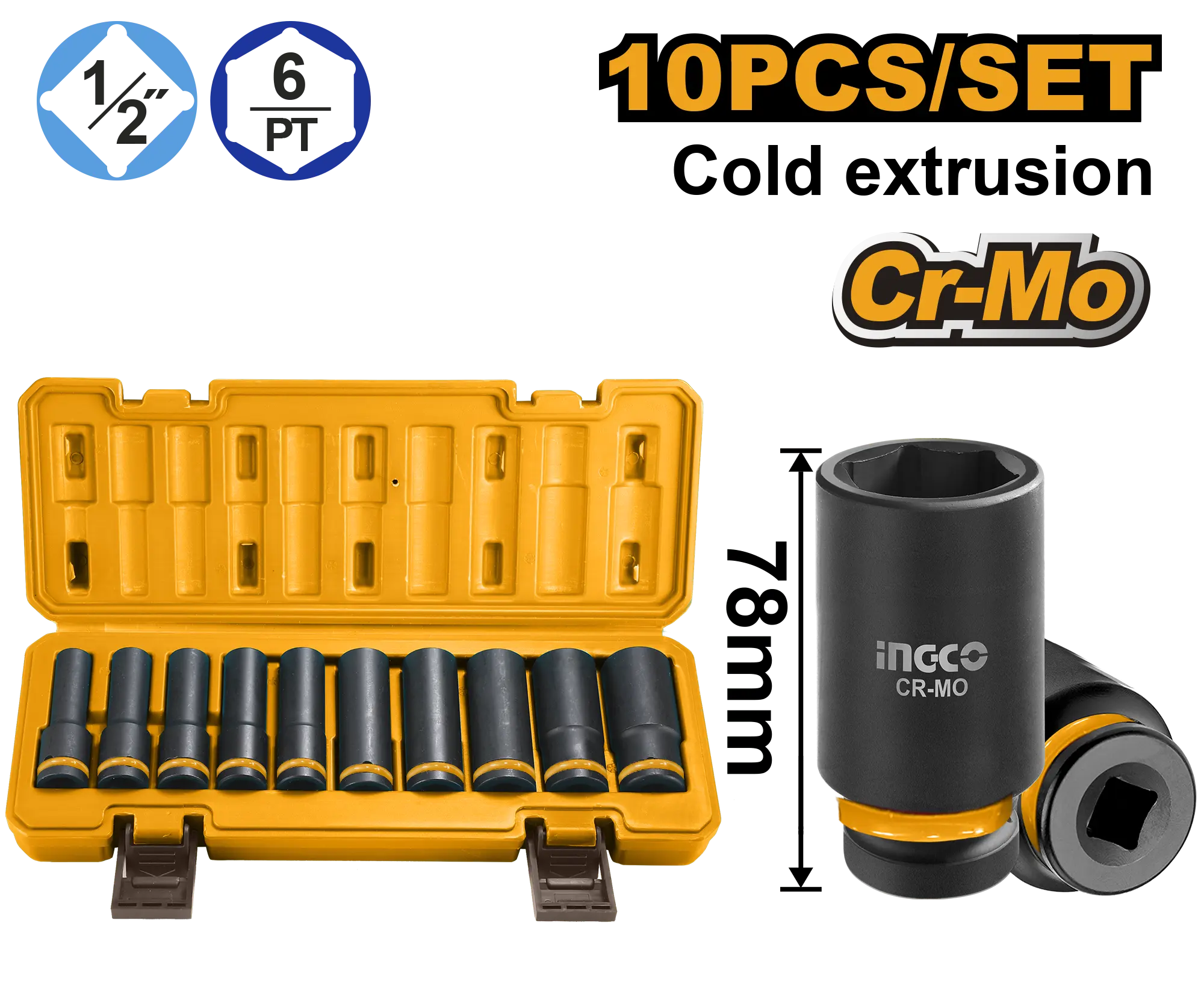 JUEGO DE DADOS DE IMPACTO 1/2" - 10-12-13-14-15-17-19-21-22-24 (10 PCS) INGCO