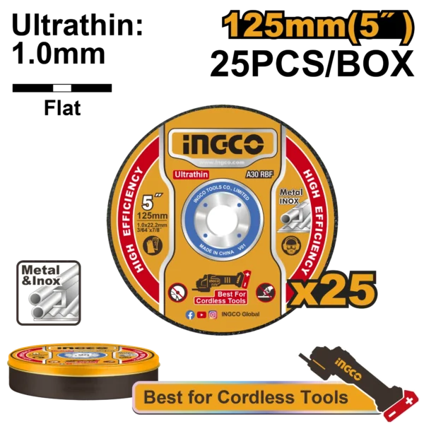 JUEGO DISCOS CORTE METAL ULTRAFINO (5"X3/64"X7/8") 125MMX1.0MMX22.2MM 25PCS