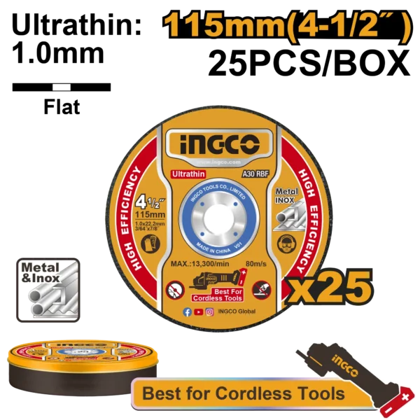 JUEGO DISCOS CORTE METAL ULTRAFINO (4-1/2"X3/64"X7/8") 115MMX1.0MMX22.2MM 25PCS