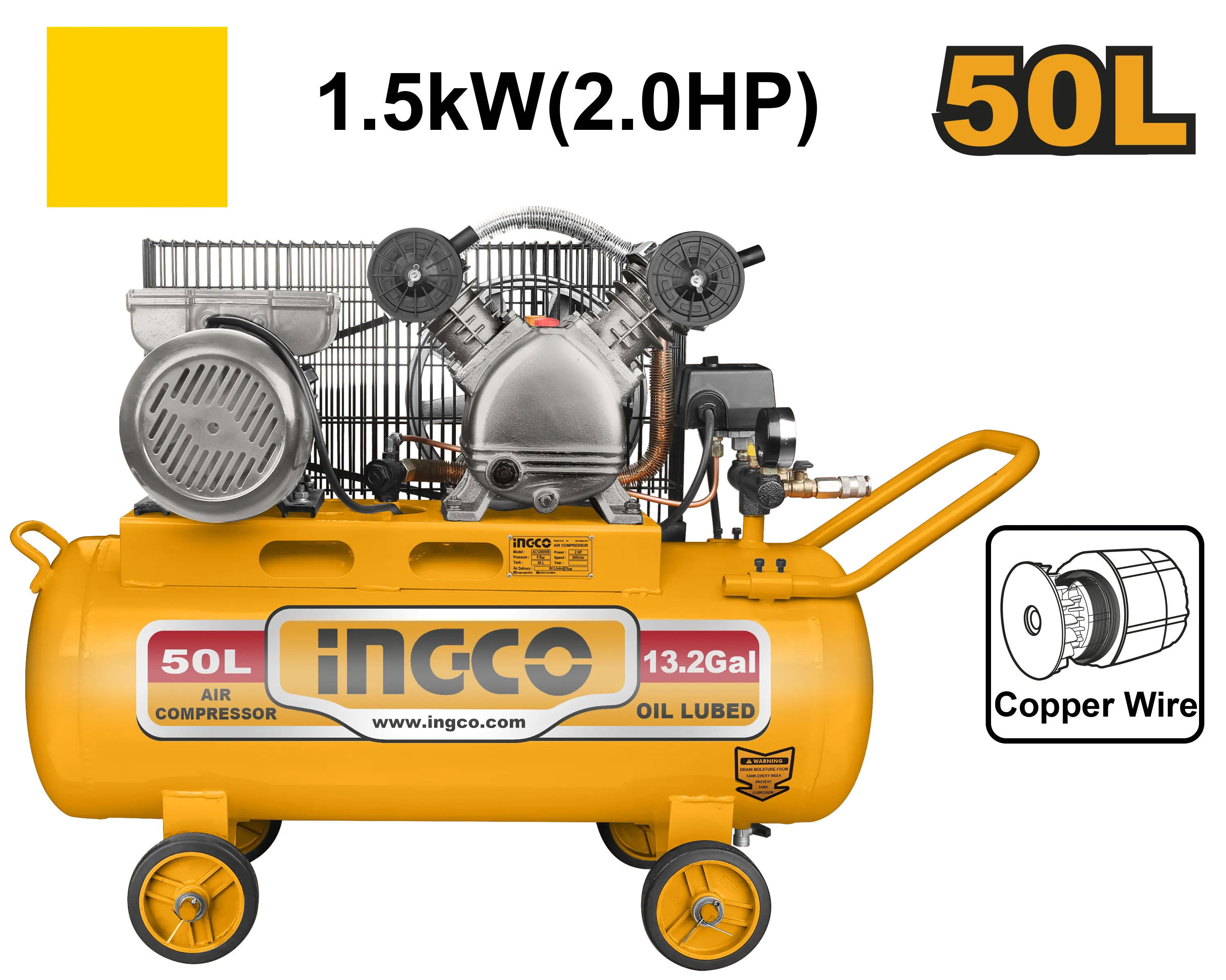 COMPRESOR DE AIRE
50L 1.5KW 2.0HP
INGCO