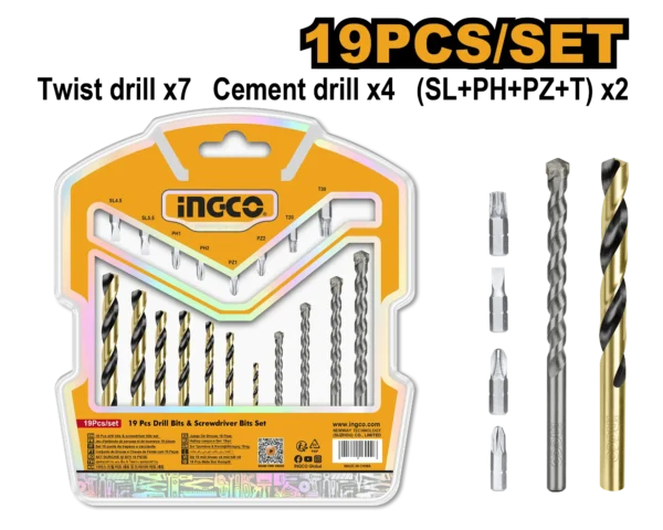 JUEGO DE BROCAS 19PCS HSS Y CONCRE + 8PTAS DEST