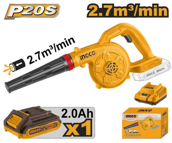 SOPLADOR INALAMBRICO 20V 18000 RPM 2,7M3/MIN + 1 BAT 2.0AH + CARG