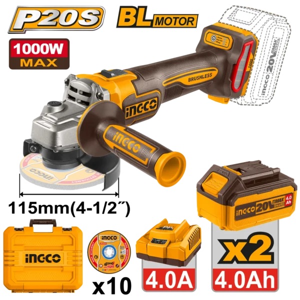 AMOLADORA ANGULAR 4-1/2" BL 20V 1000W + 2 BAT 4.0AH + CARG + MALETA INGCO