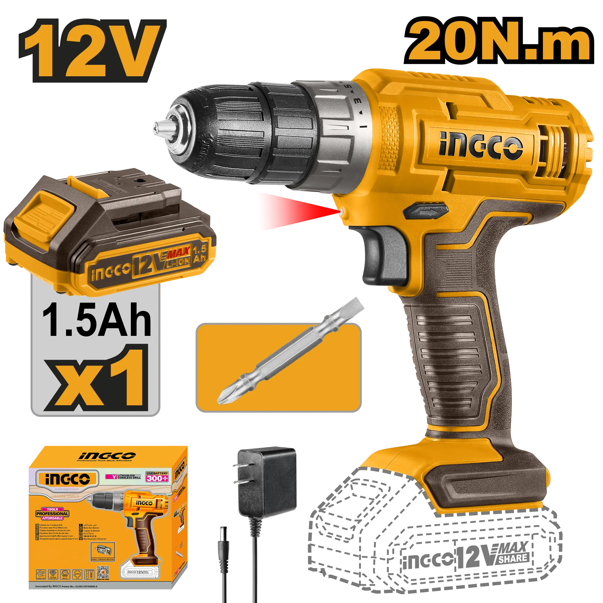 TALADRO INALAMBRICO 3/8"" 12V 20N.M + 1 BAT 1.5AH + CARG INGCO