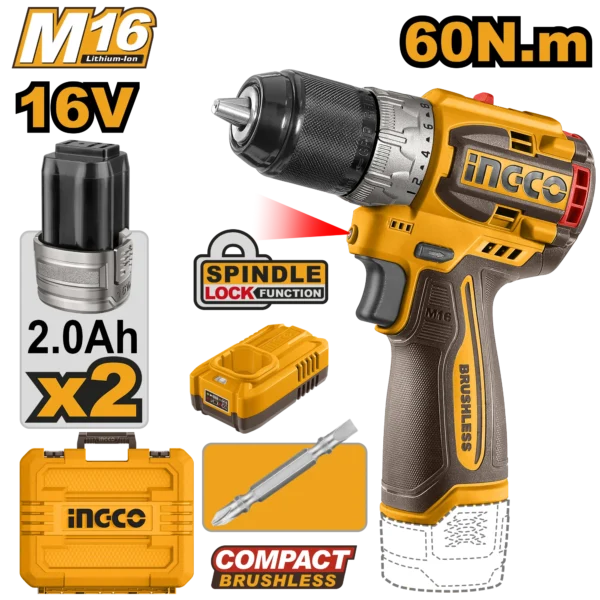 TALADRO INALAMBRICO 1/2"" BL 16V 60N.M + 2 BAT 2.0AH + CARG + MALETA