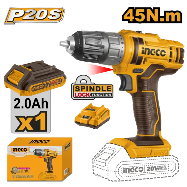 TALADRO INALAMBRICO 3/8"" 20V 45N.M + 1 BAT 2.0AH + CARG