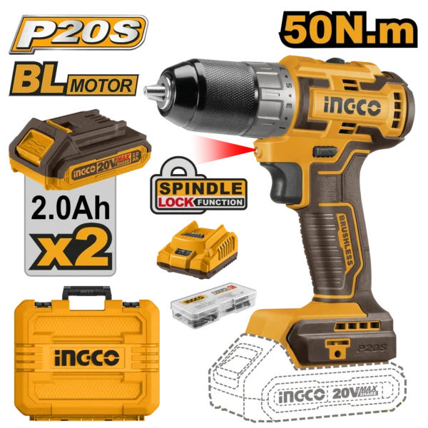 TALADRO INALAMBRICO 3/8"" BL 20V 50N.M + 2 BAT 2.0AH + CARG + MALETA