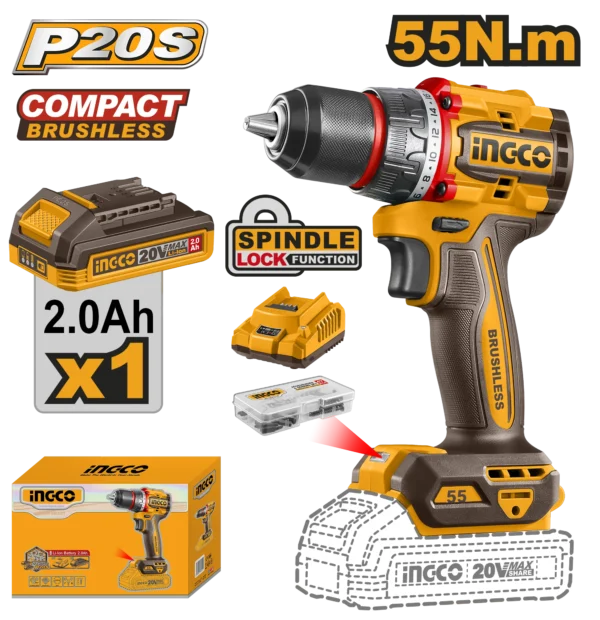 TALADRO INALAMBRICO 1/2" 20V 55N.M + 1 BAT 2.0AH + CARG