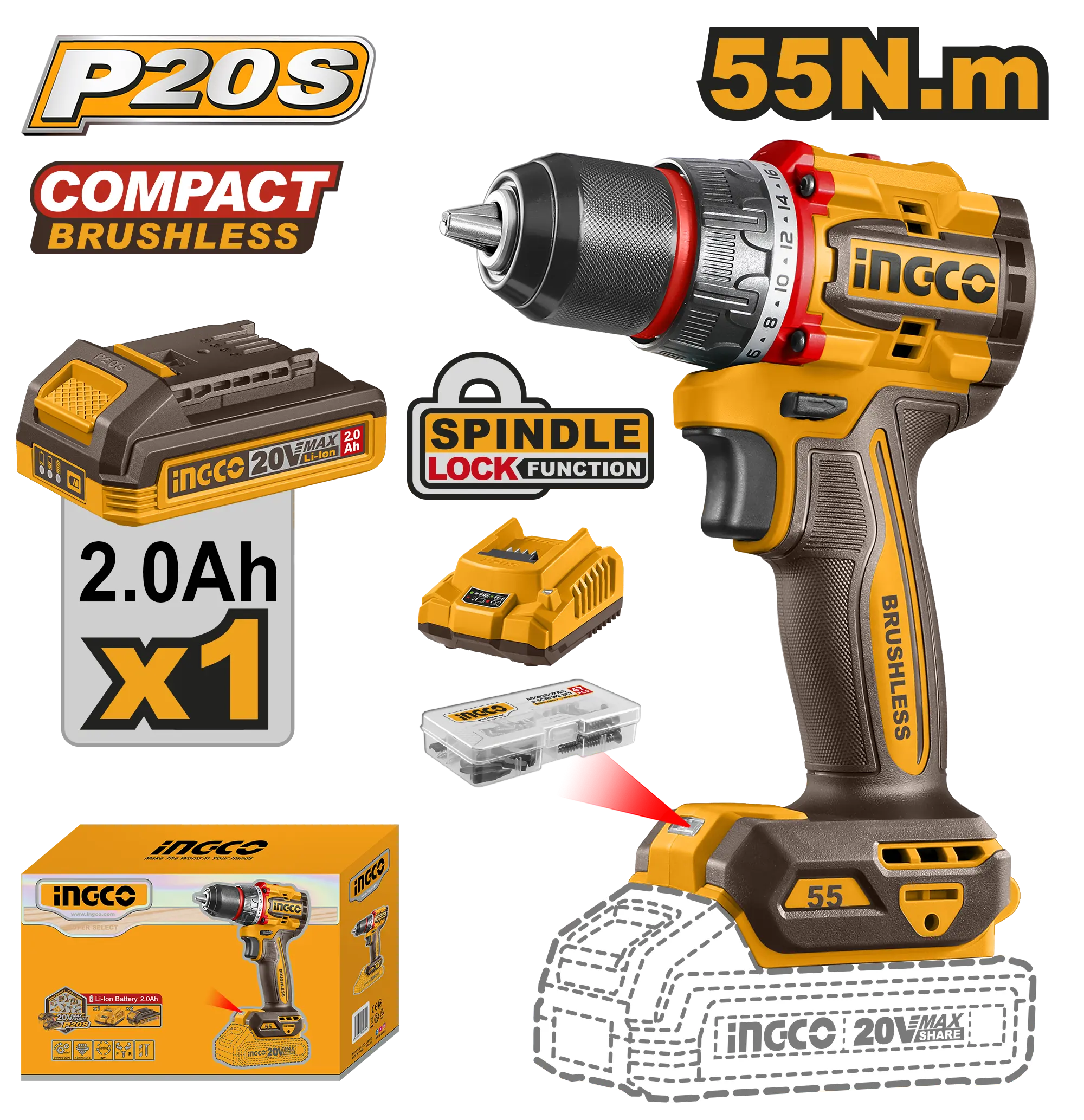 TALADRO INALAMBRICO 1/2" 20V 55N.M + 1 BAT 2.0AH + CARG INGCO