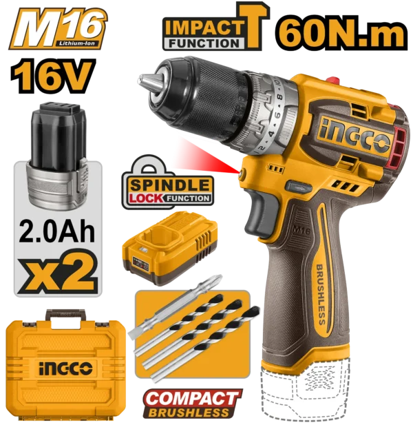 TALADRO DE IMPACTO 1/2" 16V 60N.M + 2 BAT 2.0AH + CARG + MALETA
