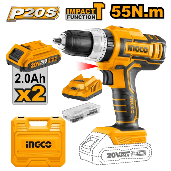 TALADRO INALAMBRICO 1/2"" 20V 55N.M + 2 BAT 2.0AH + CARG + MALETA