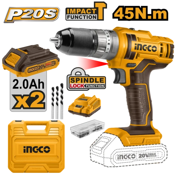 TALADRO DE IMPACTO 3/8" 20V 45N.M + 2 BAT 2.0AH + CARG + MALETA