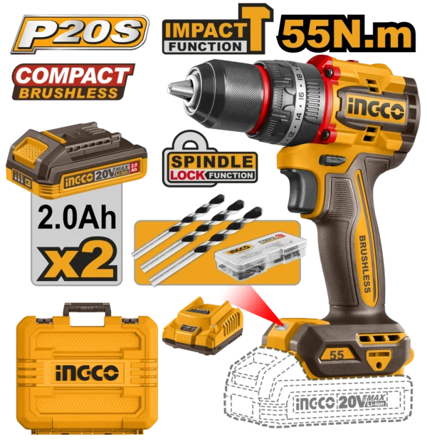 TALADRO DE IMPACTO 1/2" BL 20V 55N.M + 2 BAT 2.0AH + CARG + MALETA